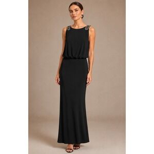 XSCAPE Joanna Chen Charcoal Gray Beaded Shoulder Blouson Evening Gown Dress 4